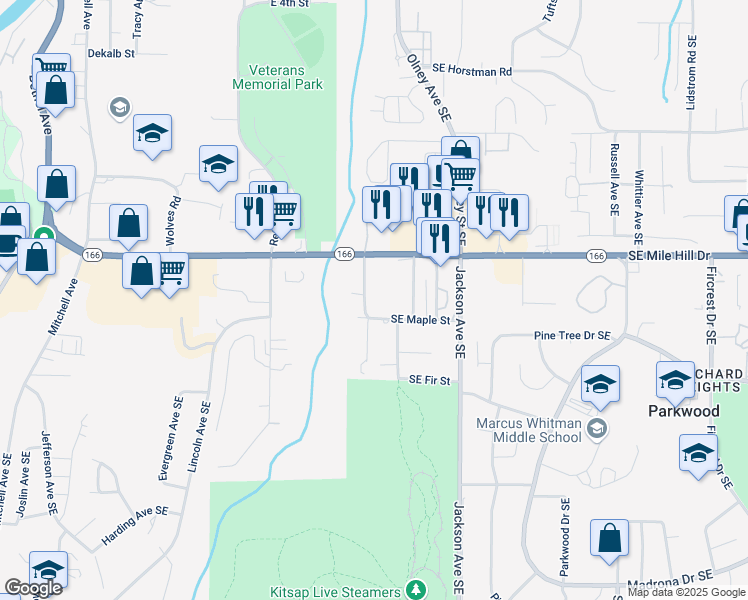 map of restaurants, bars, coffee shops, grocery stores, and more near 2966 Southeast Maple Street in Port Orchard
