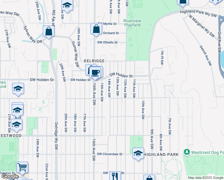 map of restaurants, bars, coffee shops, grocery stores, and more near 7748 14th Avenue Southwest in Seattle