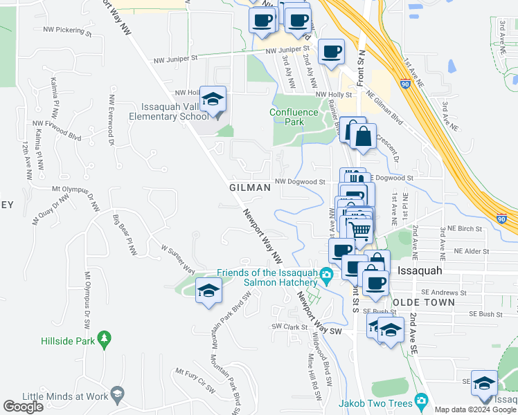 map of restaurants, bars, coffee shops, grocery stores, and more near 170 Newport Way Northwest in Issaquah