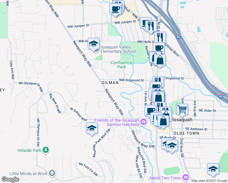 map of restaurants, bars, coffee shops, grocery stores, and more near 280 Newport Way Northwest in Issaquah