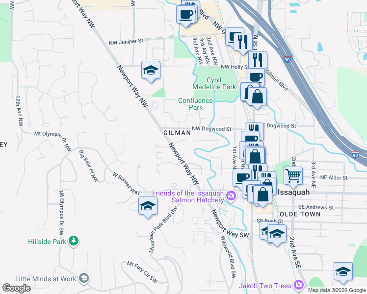 map of restaurants, bars, coffee shops, grocery stores, and more near 145 Newport Way Northwest in Issaquah