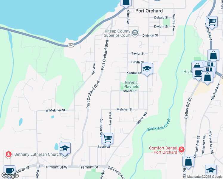 map of restaurants, bars, coffee shops, grocery stores, and more near West Avenue in Port Orchard