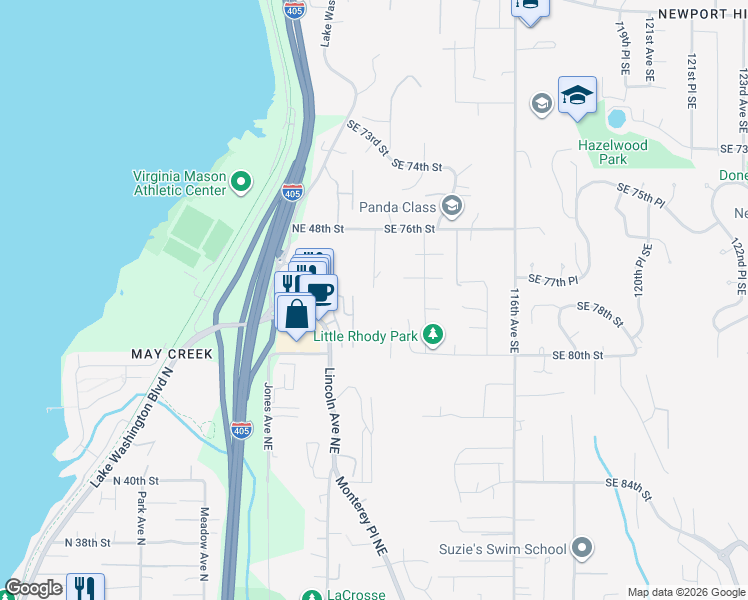 map of restaurants, bars, coffee shops, grocery stores, and more near 7728 111th Place Southeast in Newcastle