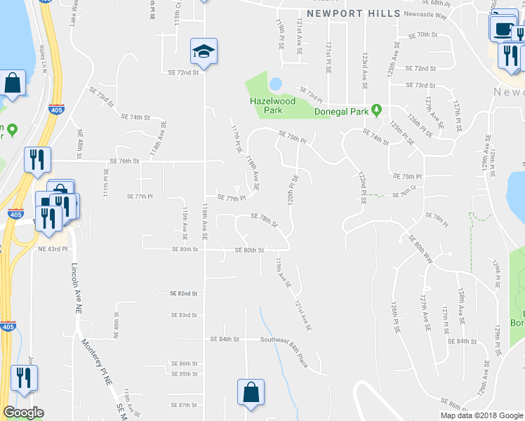 map of restaurants, bars, coffee shops, grocery stores, and more near 11834 Southeast 78th Street in Newcastle