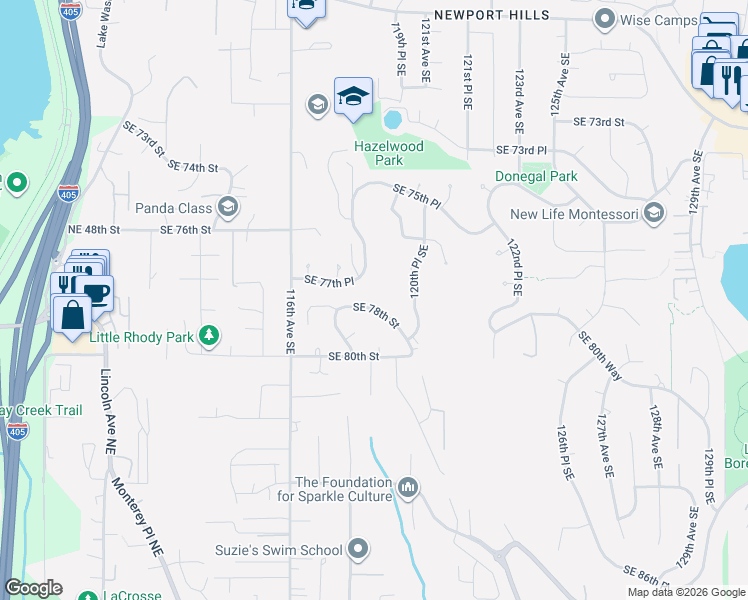 map of restaurants, bars, coffee shops, grocery stores, and more near 11834 Southeast 78th Street in Newcastle