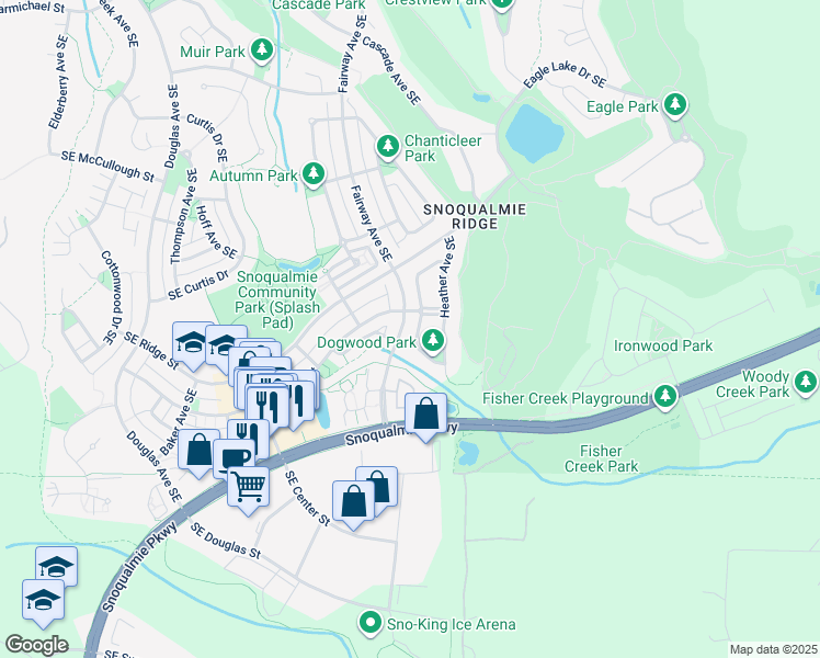 map of restaurants, bars, coffee shops, grocery stores, and more near 7527 Dogwood Lane Southeast in Snoqualmie