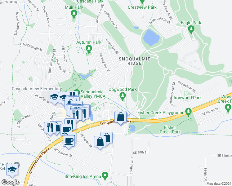 map of restaurants, bars, coffee shops, grocery stores, and more near 7527 Dogwood Lane Southeast in Snoqualmie