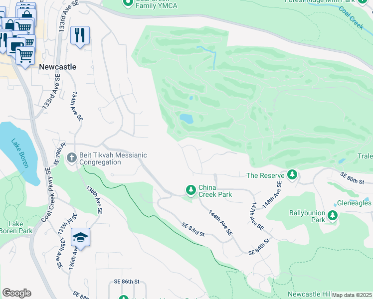map of restaurants, bars, coffee shops, grocery stores, and more near 14214 Southeast 77th Street in Newcastle