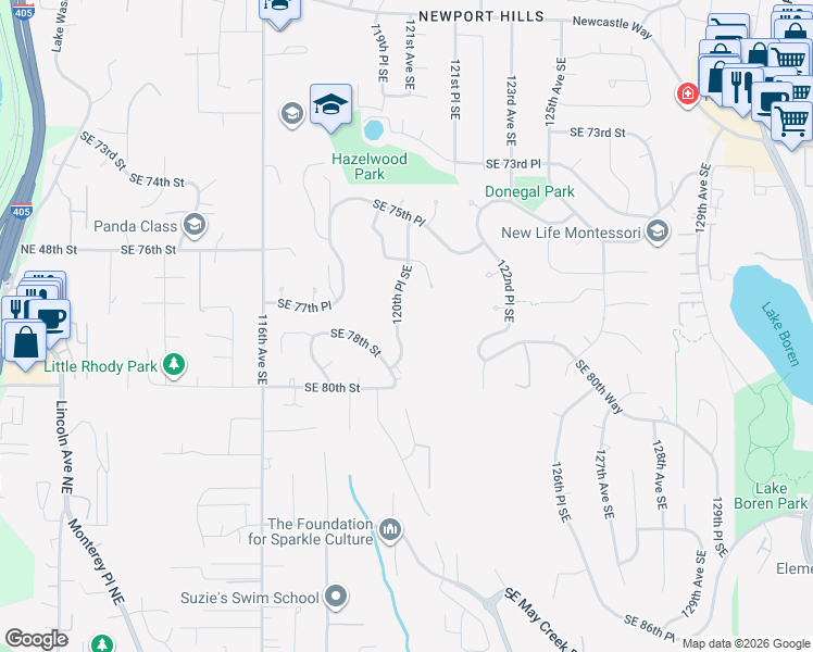 map of restaurants, bars, coffee shops, grocery stores, and more near 12045 Southeast 76th Street in Newcastle