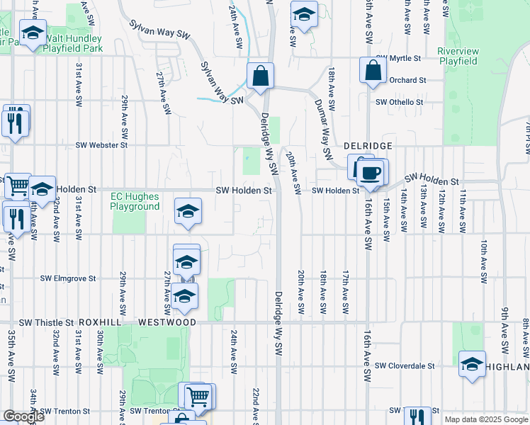 map of restaurants, bars, coffee shops, grocery stores, and more near 7701 Delridge Way Southwest in Seattle