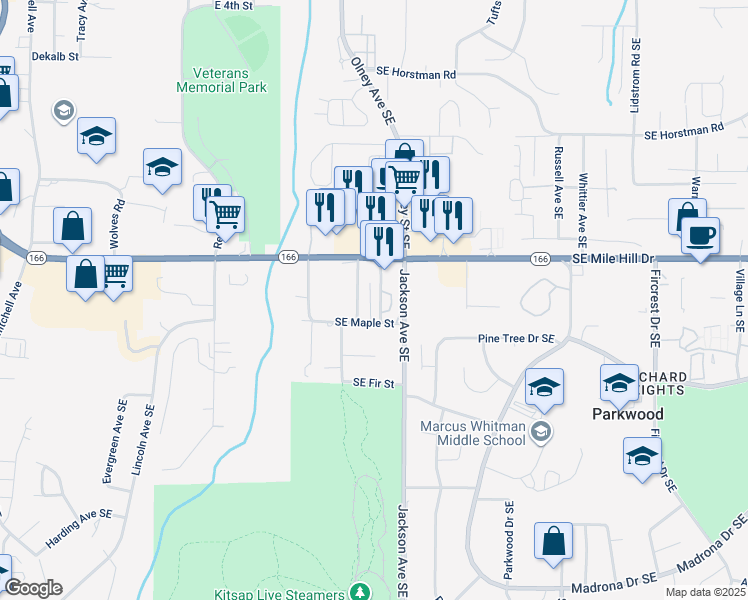 map of restaurants, bars, coffee shops, grocery stores, and more near 1615 Higgins Road Southeast in Port Orchard