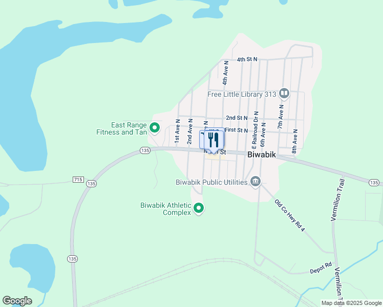map of restaurants, bars, coffee shops, grocery stores, and more near 101 2nd Avenue North in Biwabik