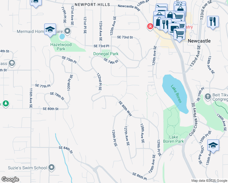 map of restaurants, bars, coffee shops, grocery stores, and more near 7906 125th Court Southeast in Newcastle