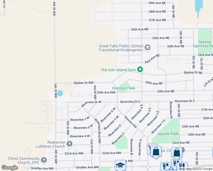 map of restaurants, bars, coffee shops, grocery stores, and more near 109 Skyline Drive Northwest in Great Falls