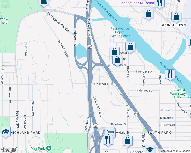 map of restaurants, bars, coffee shops, grocery stores, and more near 110 South Kenyon Street in Seattle