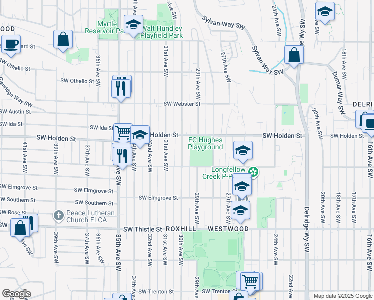 map of restaurants, bars, coffee shops, grocery stores, and more near 7703 30th Avenue Southwest in Seattle