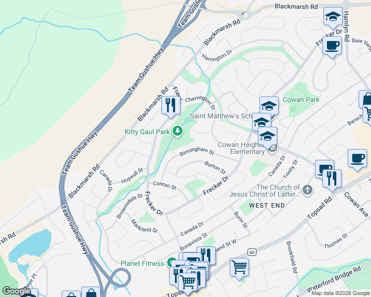 map of restaurants, bars, coffee shops, grocery stores, and more near 48 Birmingham Street in St. John's