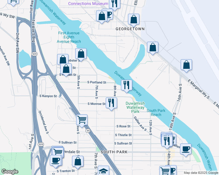 map of restaurants, bars, coffee shops, grocery stores, and more near 7751 8th Avenue South in Seattle