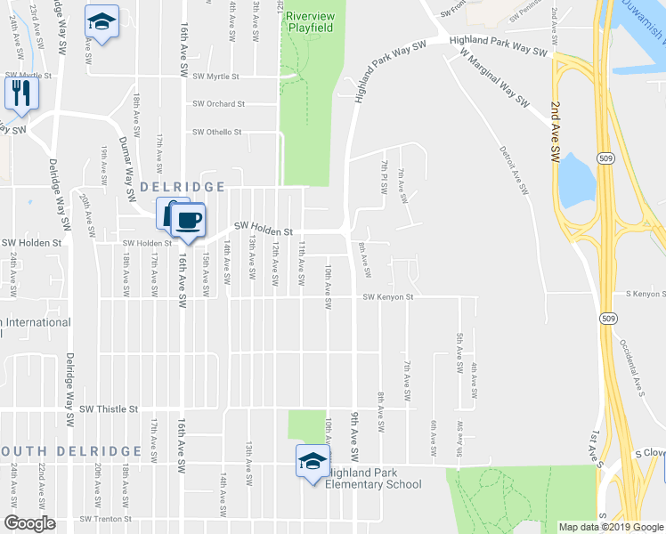 map of restaurants, bars, coffee shops, grocery stores, and more near 906 Southwest Portland Street in Seattle