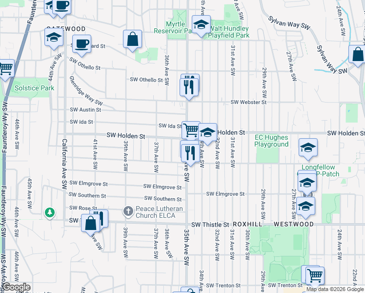 map of restaurants, bars, coffee shops, grocery stores, and more near 3501 Southwest Holden Street in Seattle