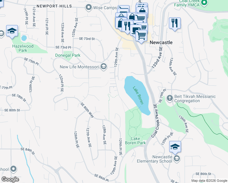 map of restaurants, bars, coffee shops, grocery stores, and more near 7643 129th Avenue Southeast in Newcastle