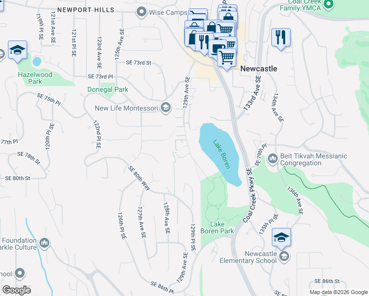 map of restaurants, bars, coffee shops, grocery stores, and more near 7643 129th Avenue Southeast in Newcastle