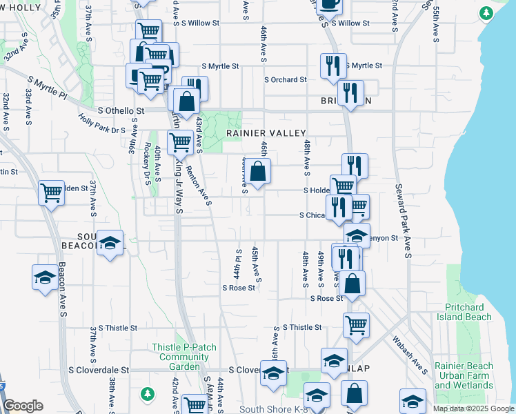 map of restaurants, bars, coffee shops, grocery stores, and more near 7641 46th Avenue South in Seattle