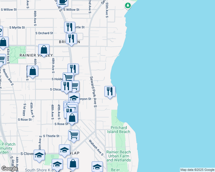 map of restaurants, bars, coffee shops, grocery stores, and more near 7736 Seward Park Avenue South in Seattle