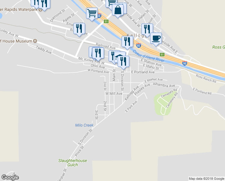 map of restaurants, bars, coffee shops, grocery stores, and more near 420 Main Street in Kellogg