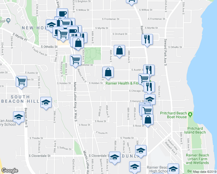 map of restaurants, bars, coffee shops, grocery stores, and more near 7641 46th Avenue South in Seattle
