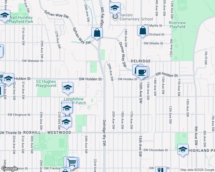 map of restaurants, bars, coffee shops, grocery stores, and more near 7705 20th Avenue Southwest in Seattle
