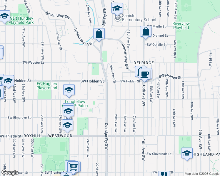 map of restaurants, bars, coffee shops, grocery stores, and more near 7705 20th Avenue Southwest in Seattle