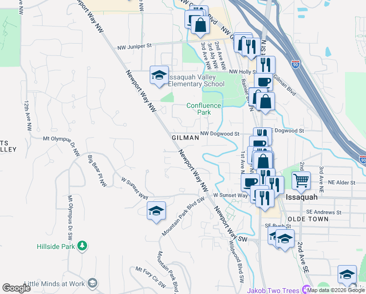 map of restaurants, bars, coffee shops, grocery stores, and more near 280 Newport Way Northwest in Issaquah