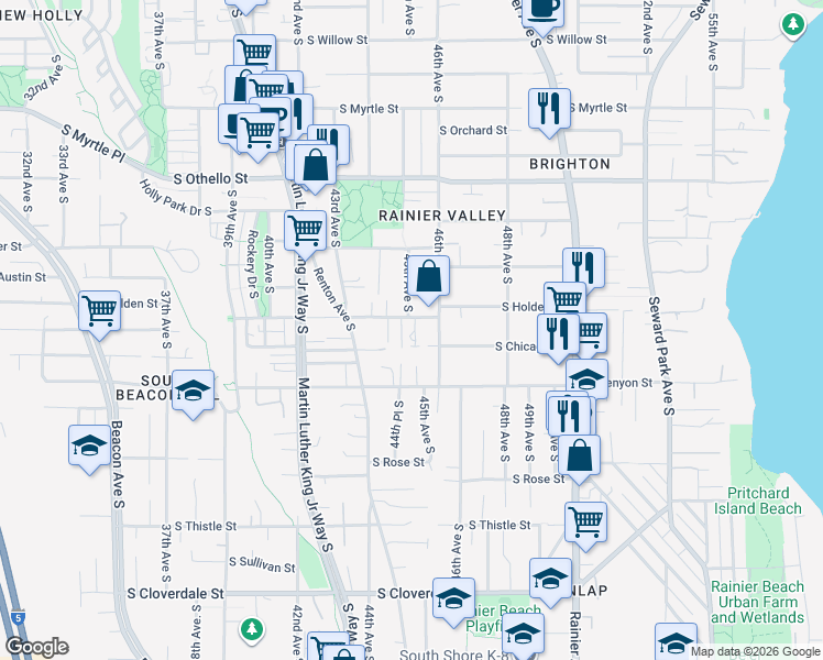 map of restaurants, bars, coffee shops, grocery stores, and more near 4348 South Holden Street in Seattle