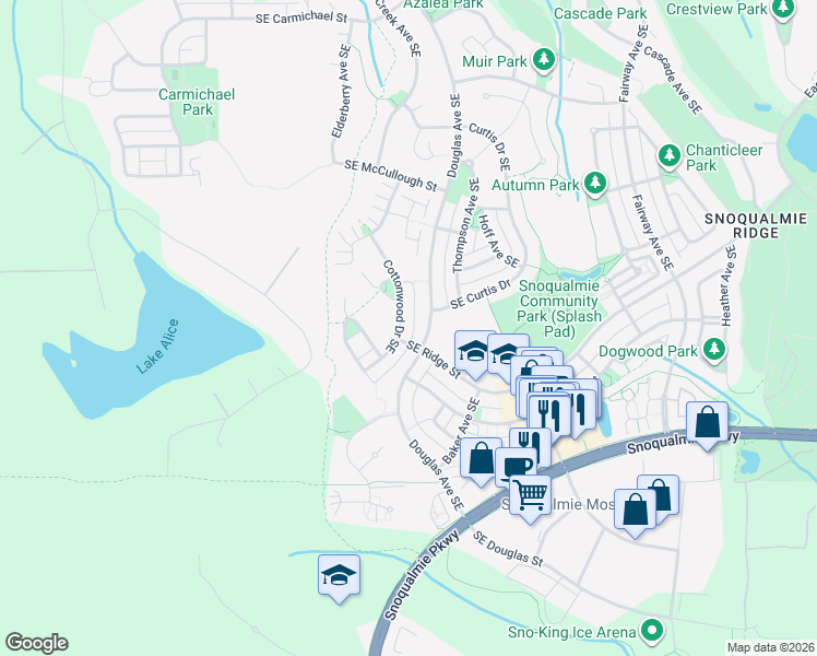 map of restaurants, bars, coffee shops, grocery stores, and more near 7520 Cottonwood Drive Southeast in Snoqualmie