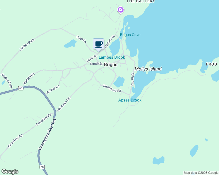 map of restaurants, bars, coffee shops, grocery stores, and more near Riverhead Road in Brigus