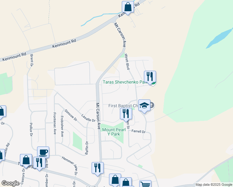 map of restaurants, bars, coffee shops, grocery stores, and more near 16 Dunrobin Street in Mount Pearl