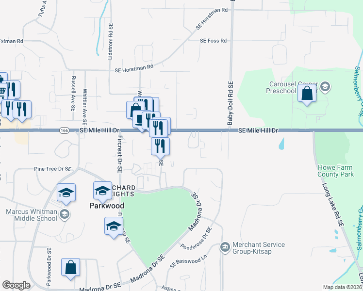 map of restaurants, bars, coffee shops, grocery stores, and more near 4446 Southeast Mile Hill Drive in Port Orchard
