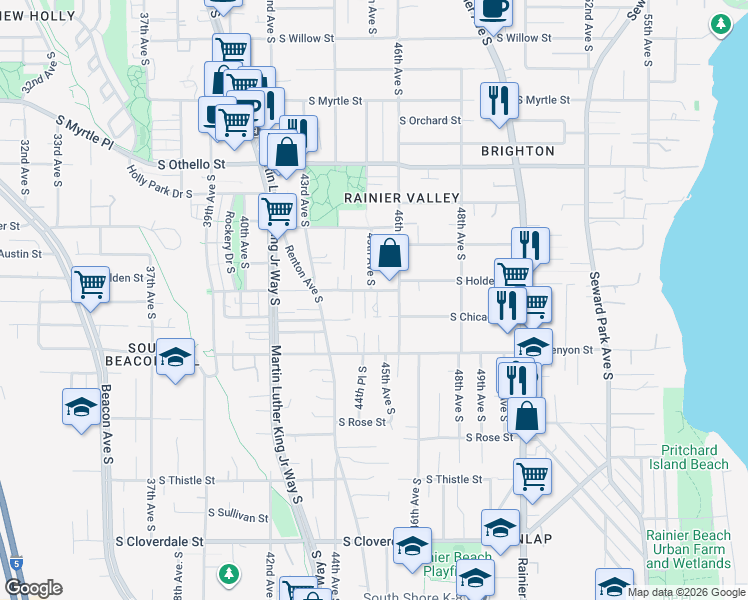 map of restaurants, bars, coffee shops, grocery stores, and more near 4348 South Holden Street in Seattle