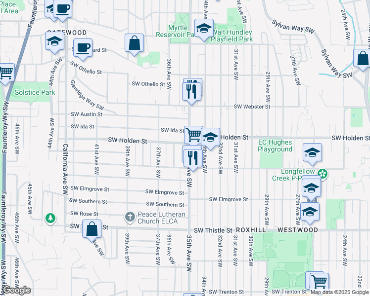 map of restaurants, bars, coffee shops, grocery stores, and more near 3516 Southwest Holden Street in Seattle