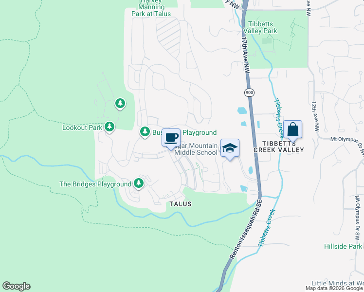 map of restaurants, bars, coffee shops, grocery stores, and more near 2036 Northwest Talus Drive in Issaquah
