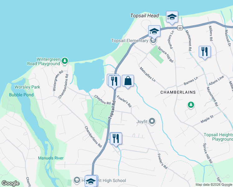 map of restaurants, bars, coffee shops, grocery stores, and more near 2546 Topsail Road in Conception Bay South
