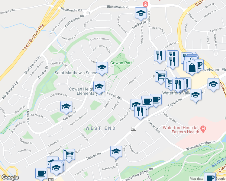 map of restaurants, bars, coffee shops, grocery stores, and more near 94 Canada Drive in Saint John's