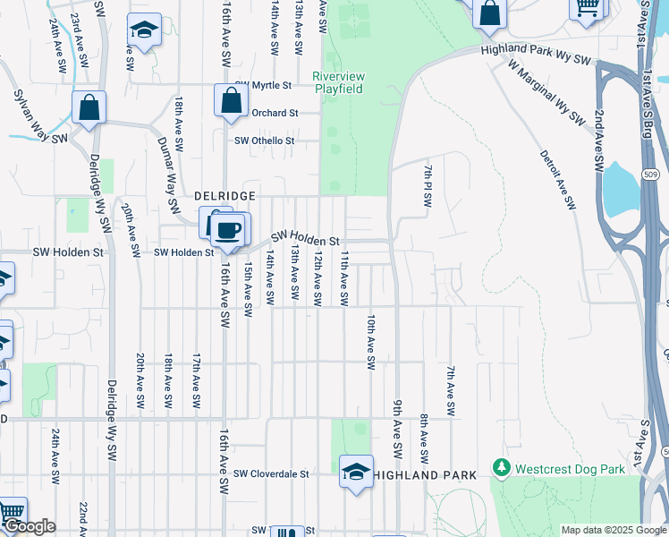 map of restaurants, bars, coffee shops, grocery stores, and more near 7753 11th Avenue Southwest in Seattle