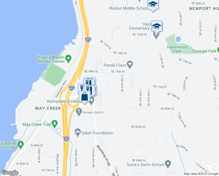 map of restaurants, bars, coffee shops, grocery stores, and more near 7728 111th Place Southeast in Newcastle