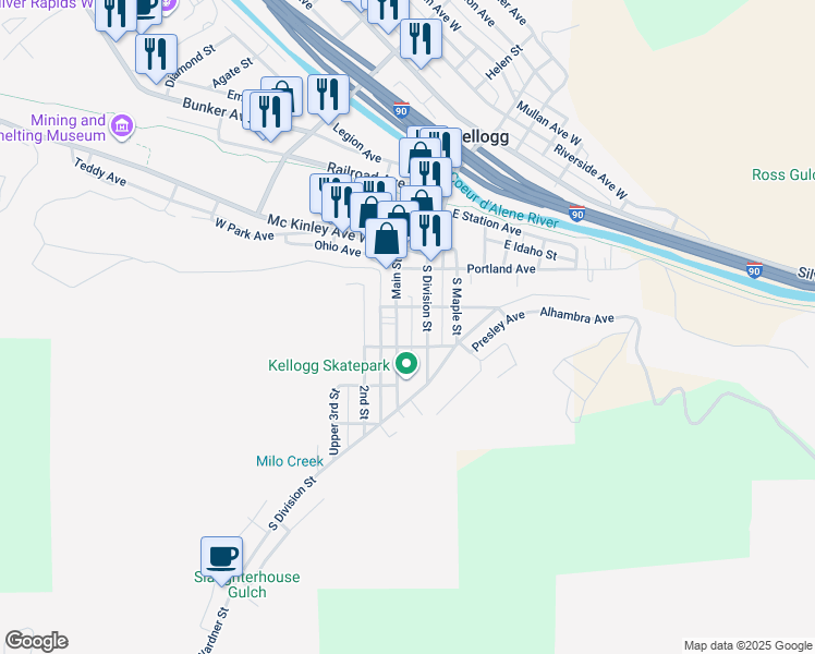 map of restaurants, bars, coffee shops, grocery stores, and more near 427 Main Street in Wardner