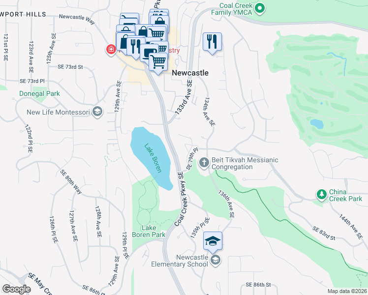 map of restaurants, bars, coffee shops, grocery stores, and more near 13301 Southeast 79th Place in Newcastle