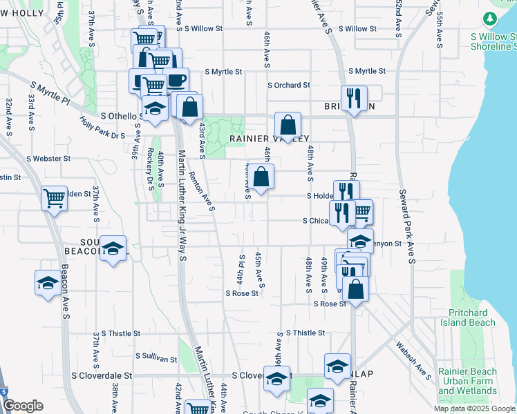 map of restaurants, bars, coffee shops, grocery stores, and more near 7641 46th Avenue South in Seattle