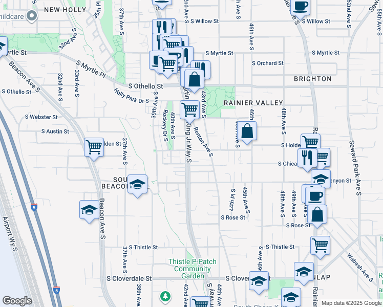 map of restaurants, bars, coffee shops, grocery stores, and more near 7550 Martin Luther King Junior Way South in Seattle
