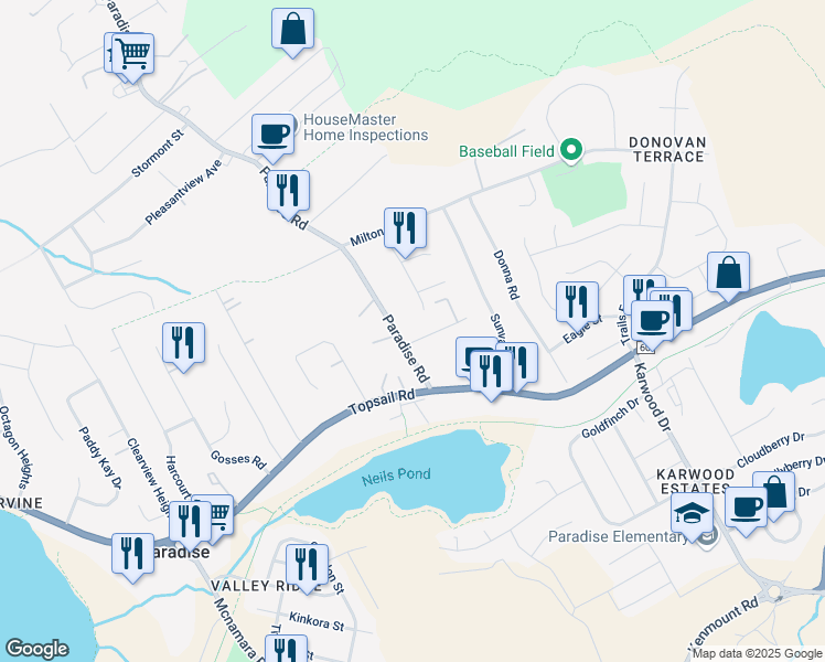 map of restaurants, bars, coffee shops, grocery stores, and more near 19 Grandview Avenue in Paradise